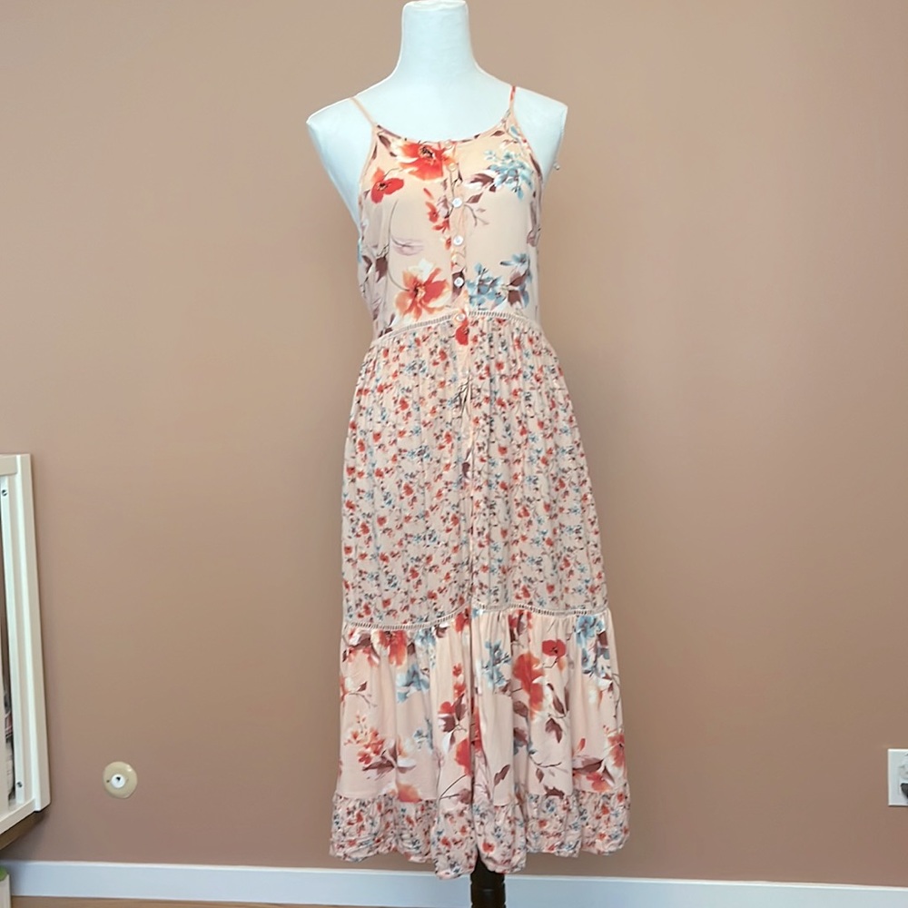 Band of Gypsies Boho Pink Spaghetti Strap Tiered Midi Dress Sz XS